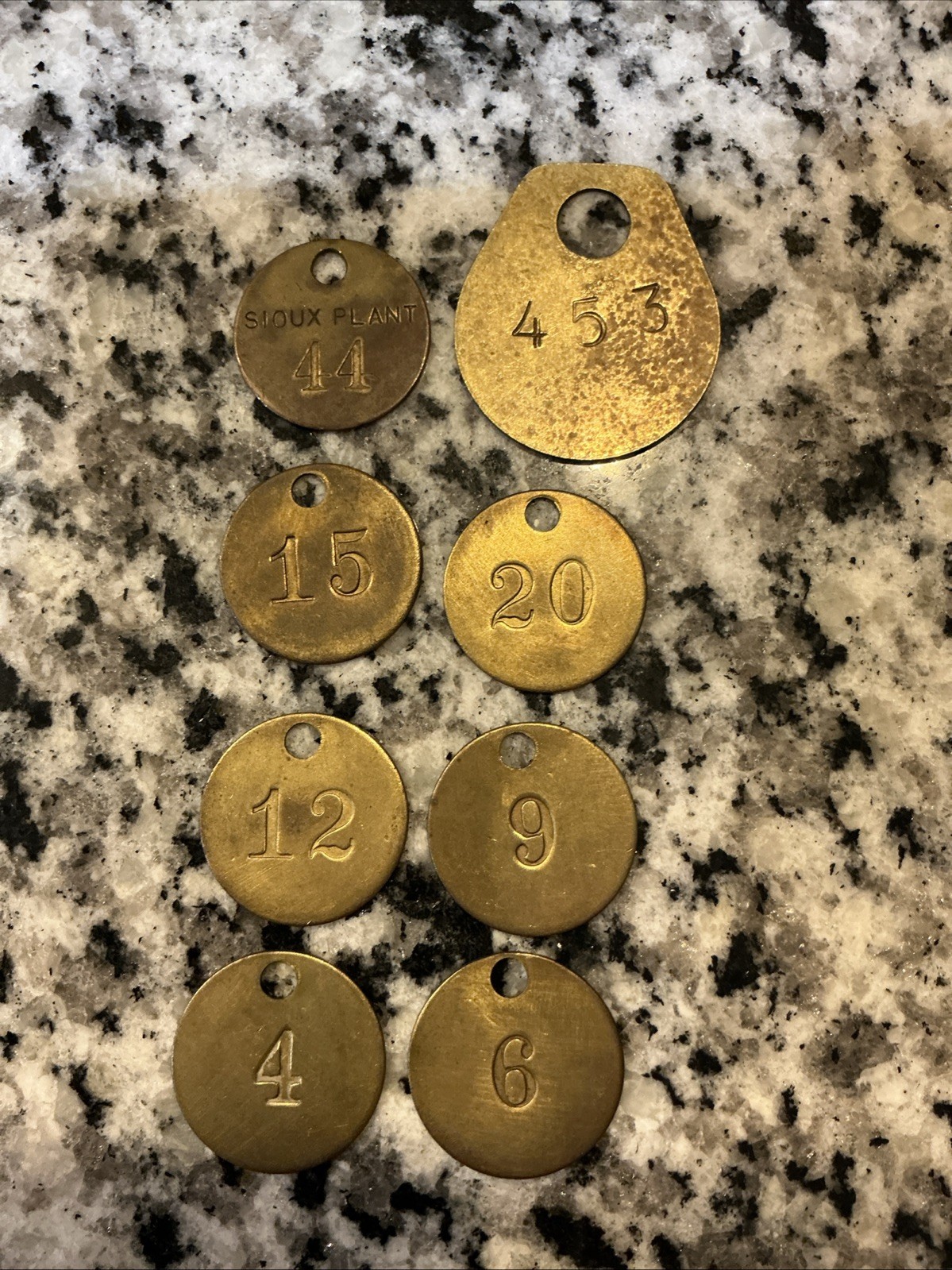 Vintage brass Sioux plant employee tool tag Lot x8 Coal Plant Numbered ID Tags