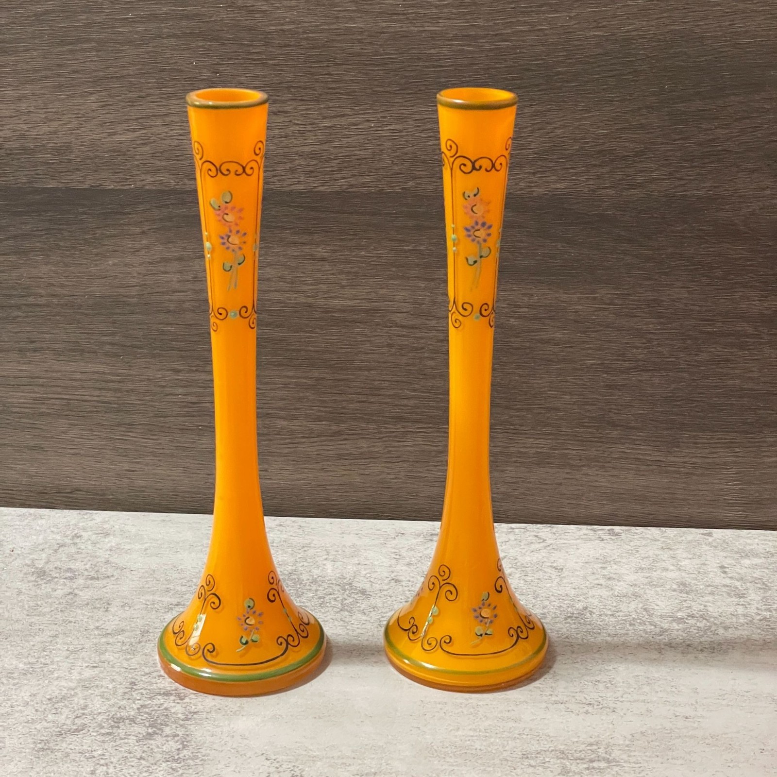 Vintage Czechoslovakia Enamel Hand Painted Orange Glass Vases Set of Two 8.25\ Vintage Czechoslovakia Enamel Hand Painted Orange Glass Vases Set of Two 8.25\