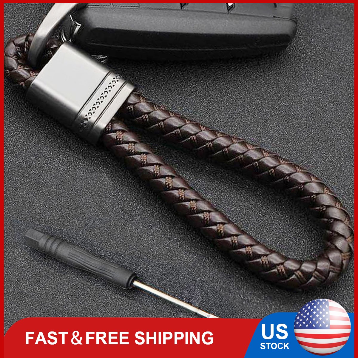 Hand Brown Braided Leather Keychain for Car Keys Horseshoe D Ring Key Holder