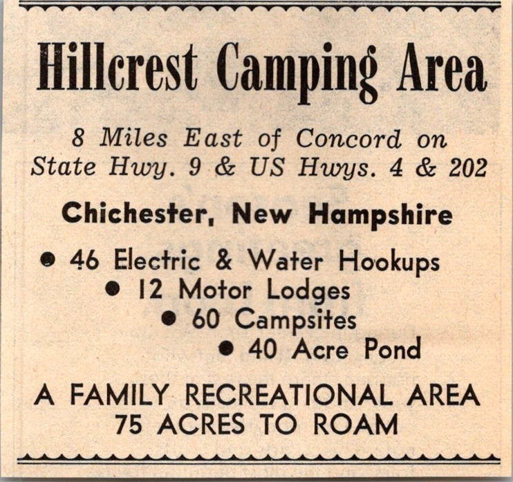 Hillcrest Camping Area A Family Recreational Area Chichester NH 1974 Ad TAK6-S53
