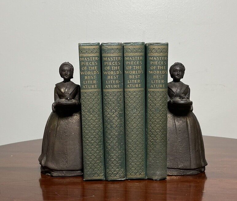 PAIR Antique Walter Baker Cast Iron Baker's Chocolate Lady Bookends Figural Nice