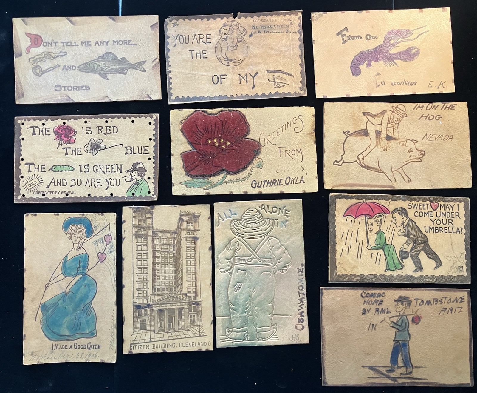 11 LEATHER postcard LOT Flower Comic Tombstone Women Love Guthrie Okla Fish Pig
