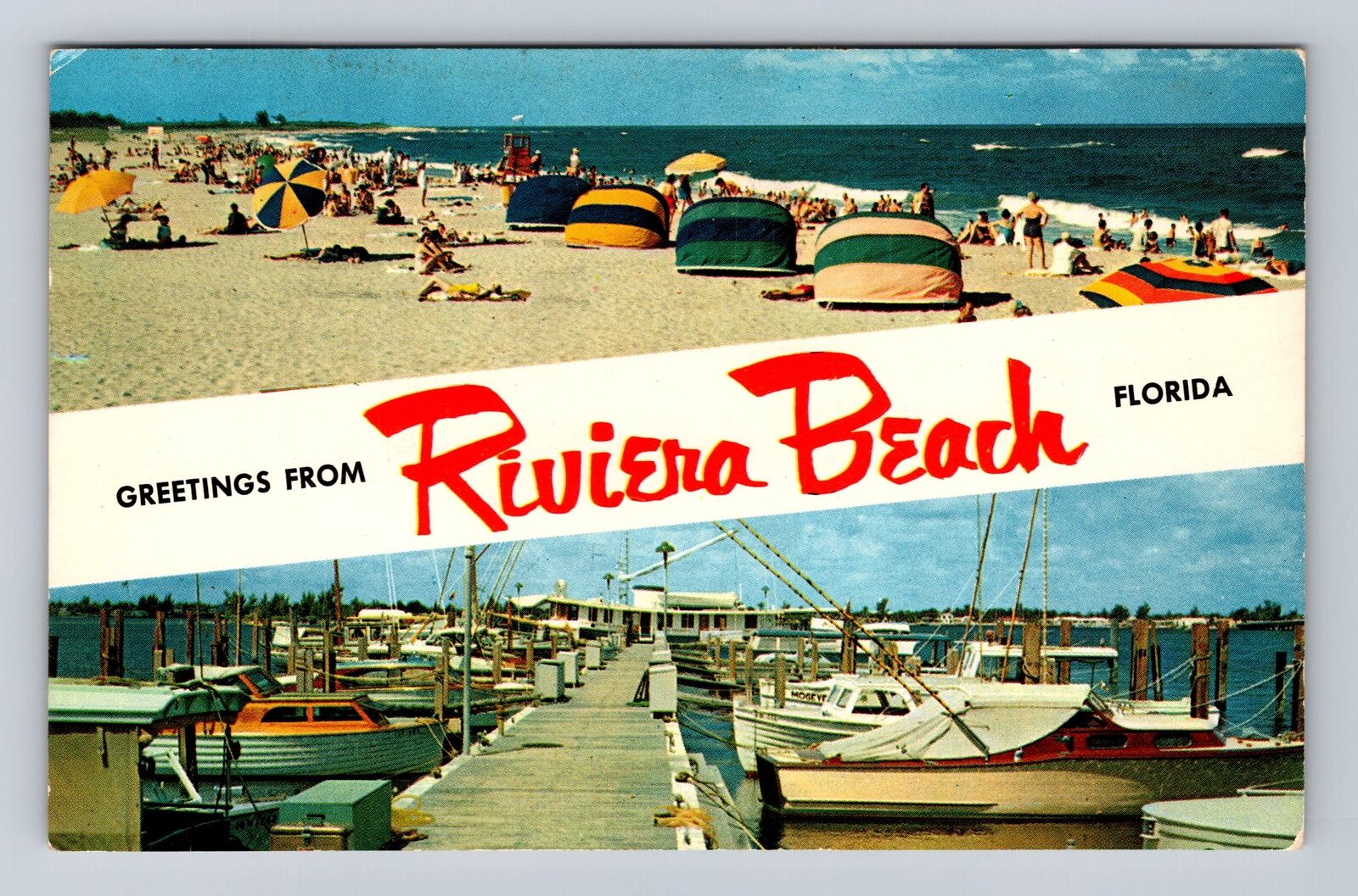 Riviera Beach FL-Florida Banner Greetings, Fishing, Beach Vintage c1961 Postcard