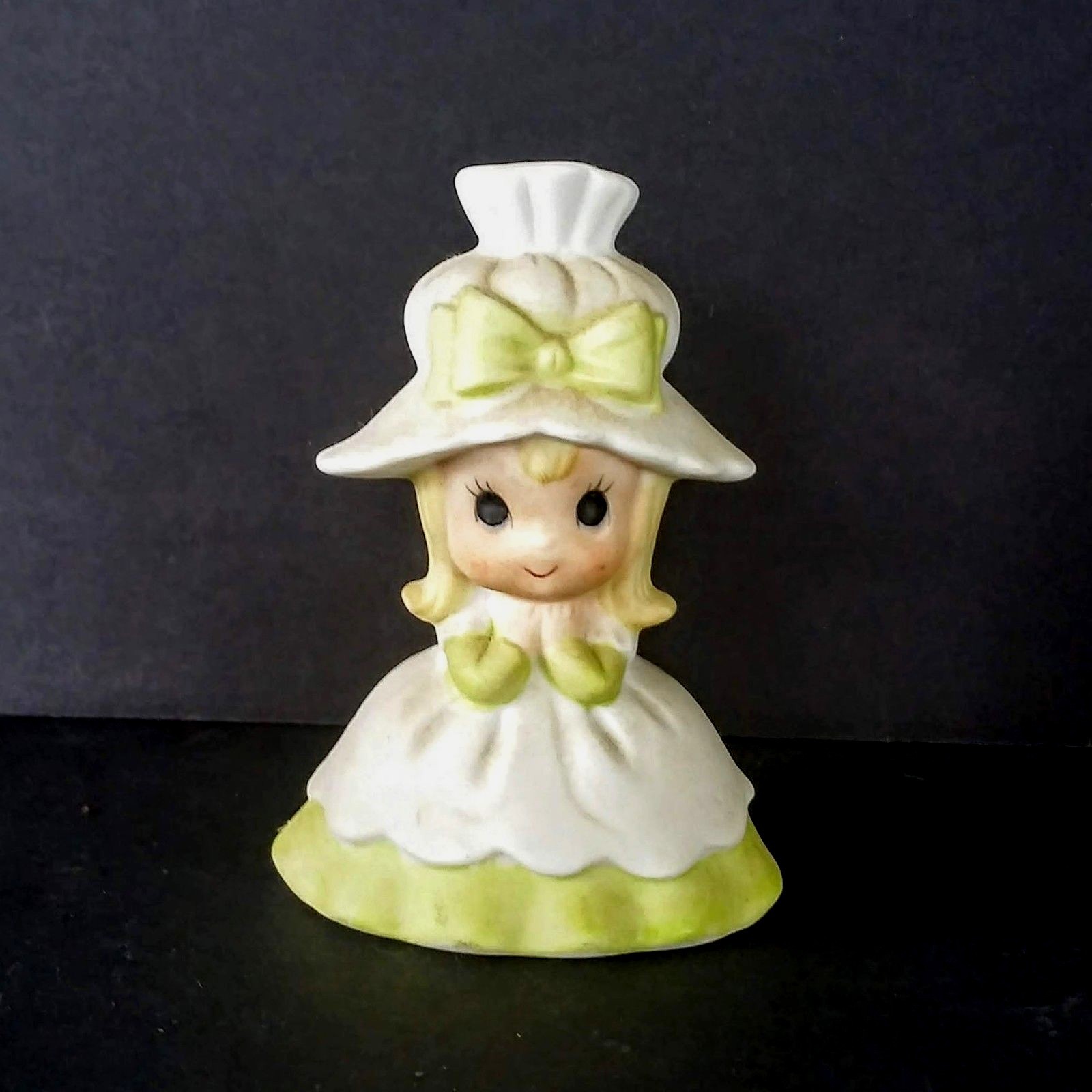 Porcelain Bisque Bell Blonde Girl Green Dress Floppy Hat 3.5\