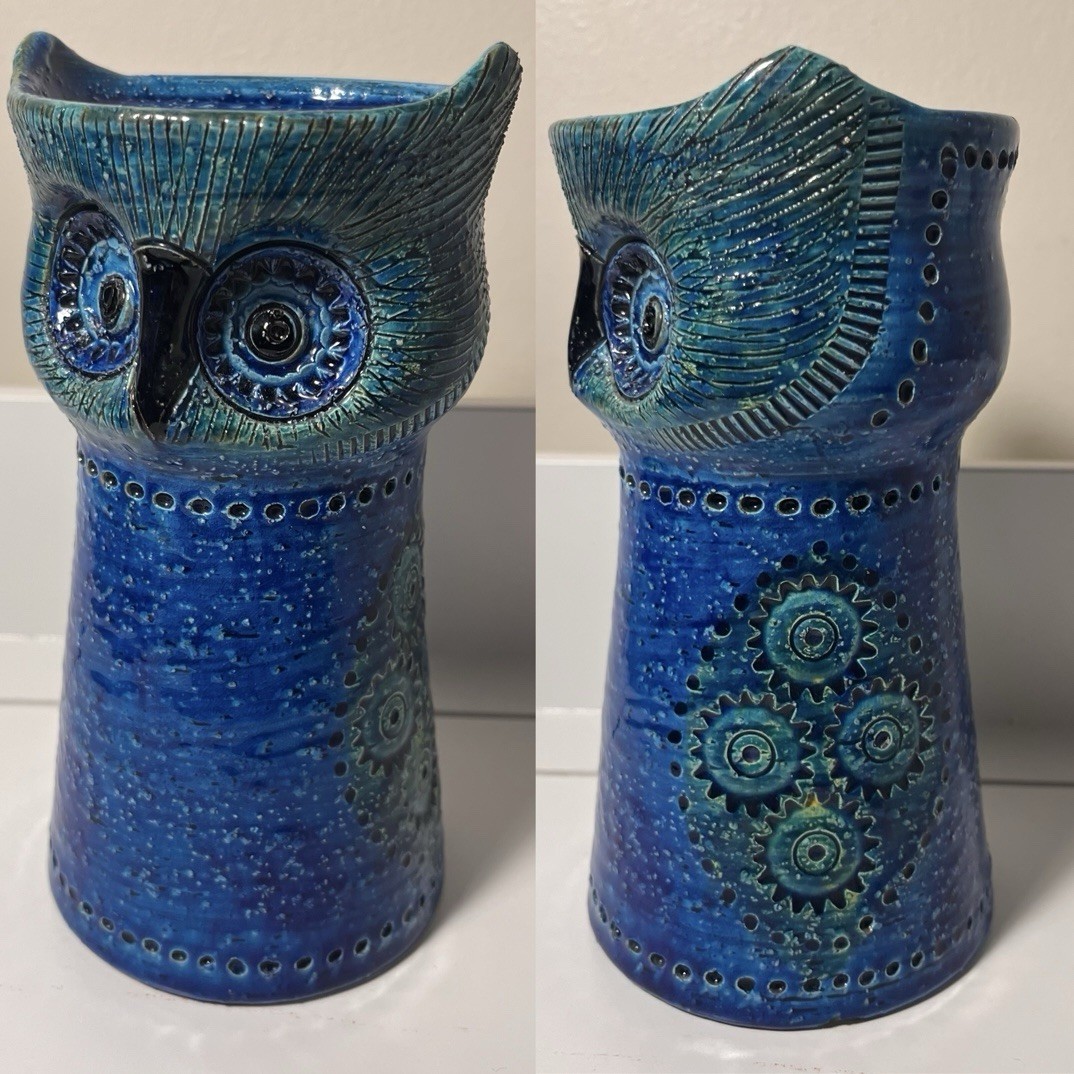 Vintage Bitossi for Rosenthal Netter Blue Green Owl Candle Stand Mid Century