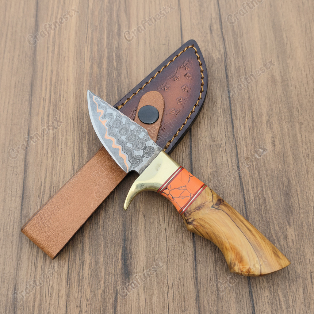 Handmade Copper Damascus Steel Mini Bobcat Knife Olive Wood Turquoise Handle