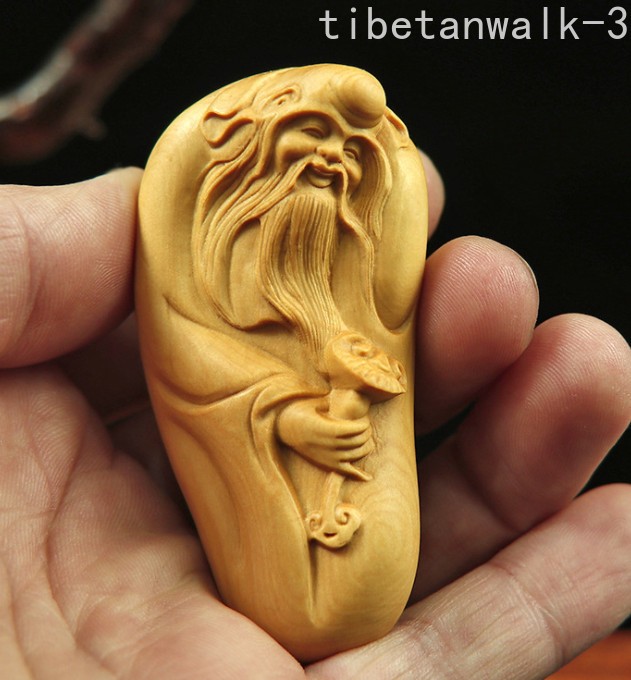 7 * 3.8 * 2.5 CM Hand Carved Wood Carving Netsuke - God of Longevity