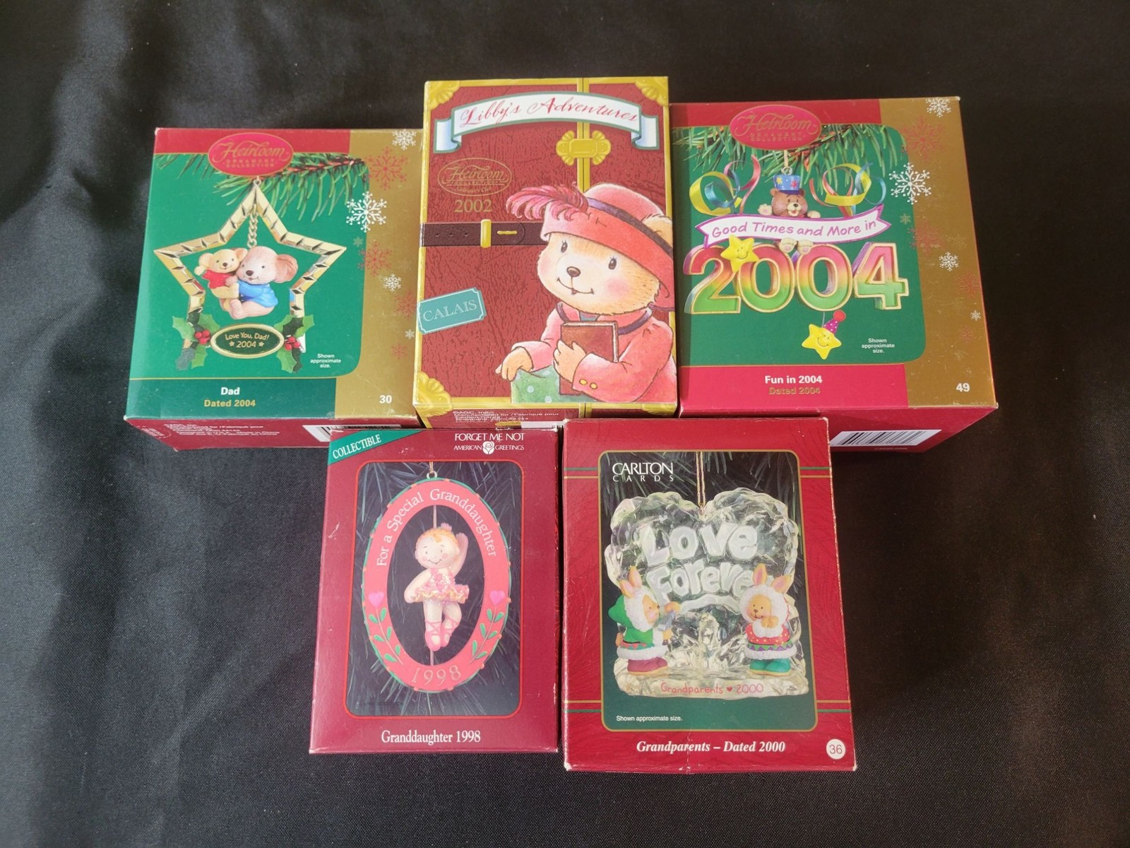 Carlton Cards Heirloom Collection Holiday Ornaments Lot of 5, Dated 1998-2004