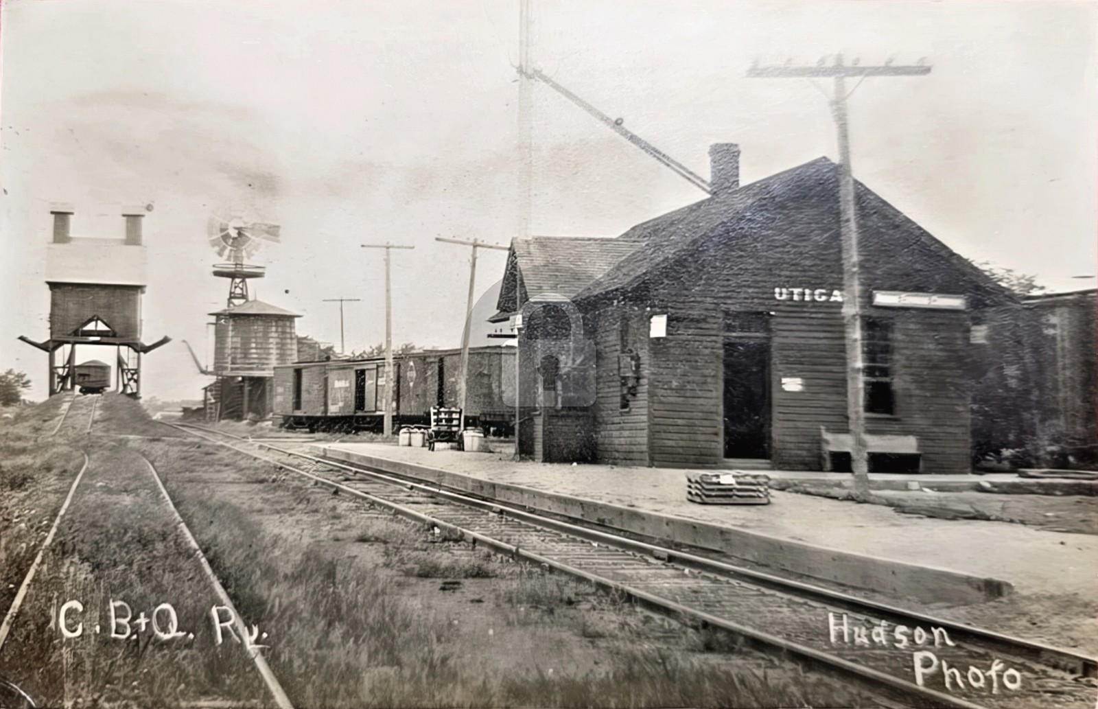 Utica NE Nebraska C B & Q Railway Depot WOB Hudson RPPC Photo Postcard COPY