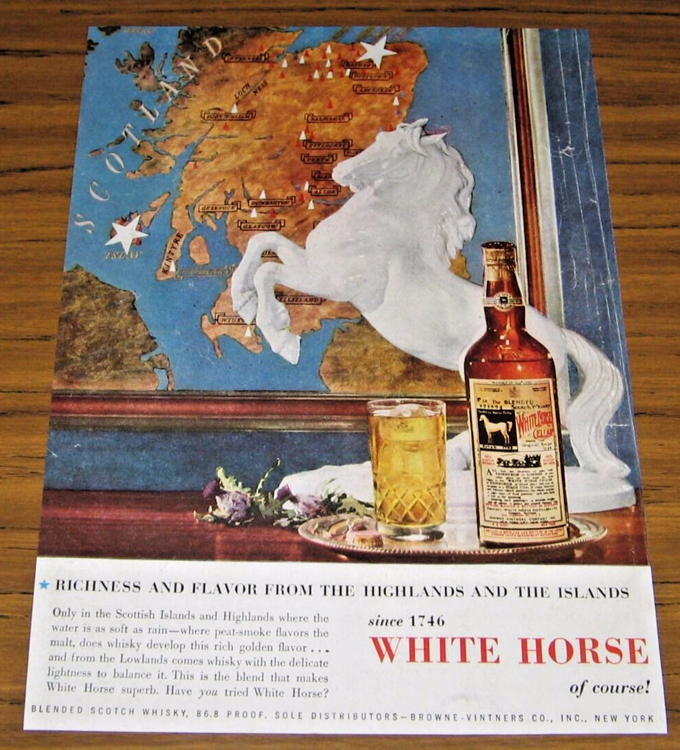 1954 Print Ad White Horse Scotch Whiskey Horse Statue