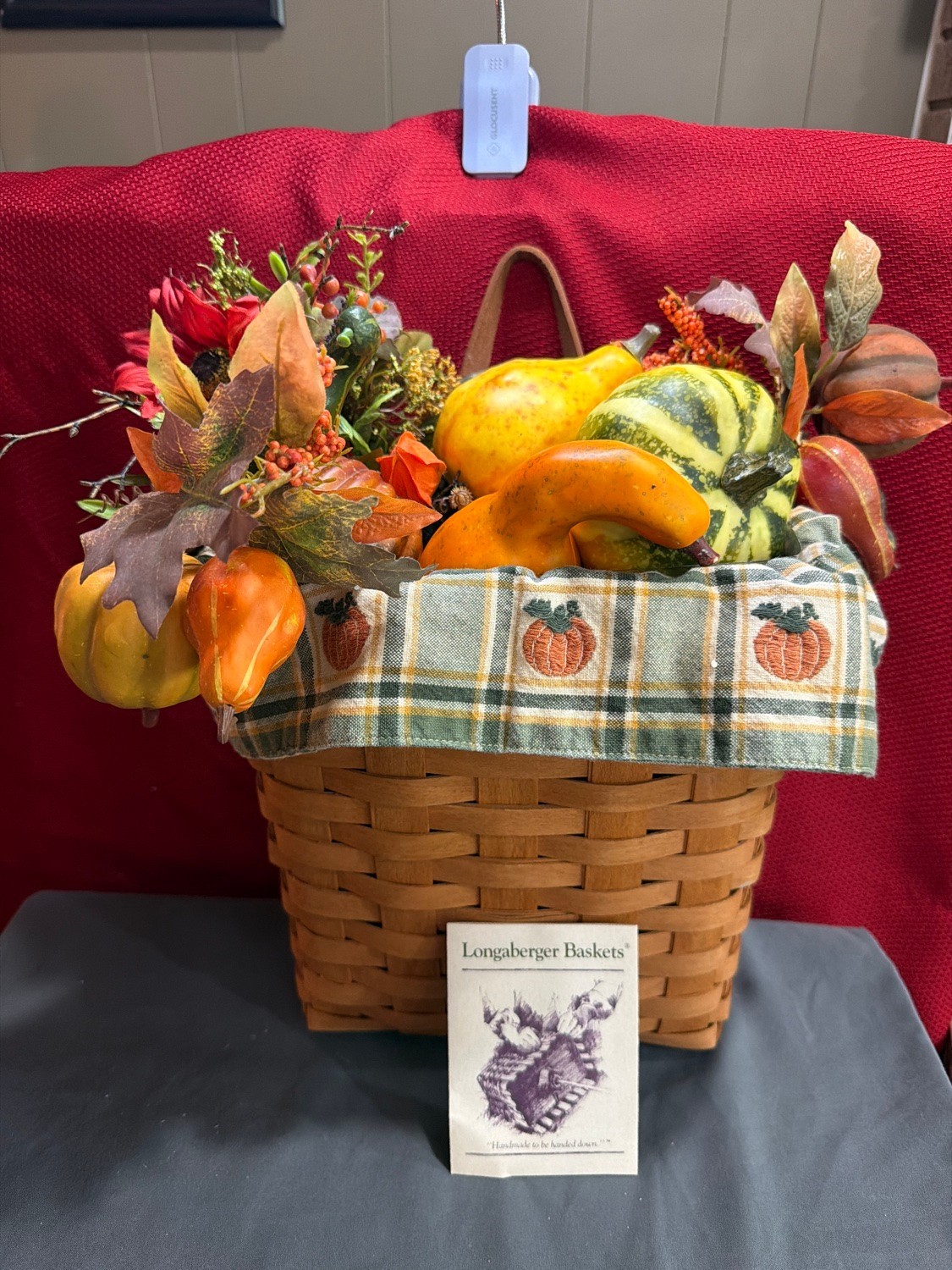 Longaberger 1991 Tall Key Basket Pumpkin Liner Protector Handles Fall Decor