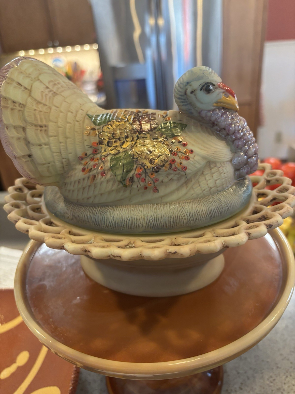 Mosser Glass Antiqued And Hand Painted Turkey On Basket Candy Dish