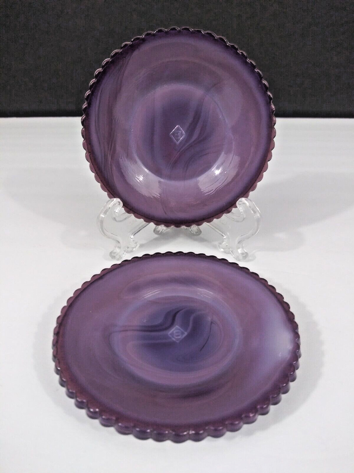 Vintage BOYD ART GLASS Heart & Lyre Valentine Purple Slag Glass Cup Plate *PAIR*