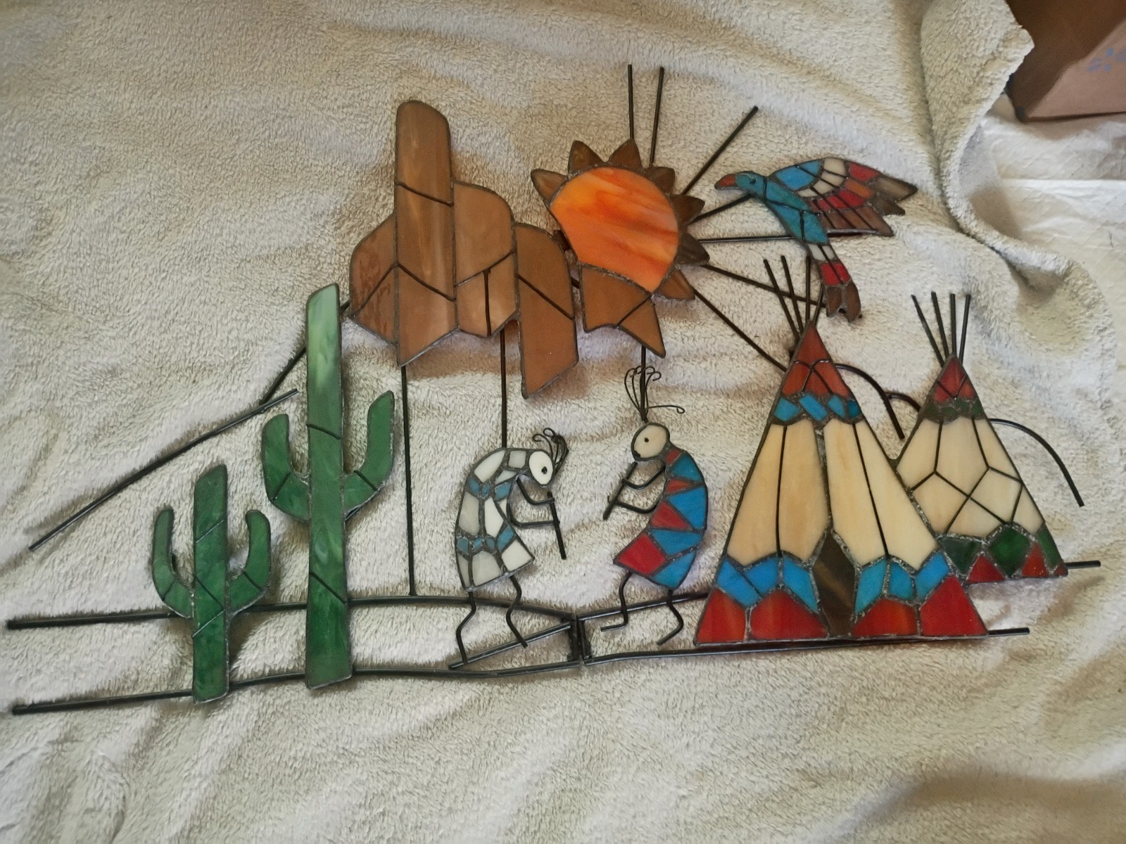 Large VTG Kokopelli Stained Glass Artwork. Southwestern Native. 24”