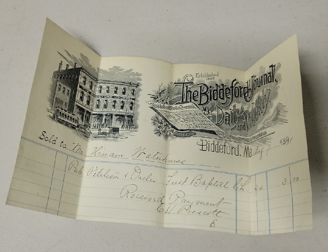 Beautiful 1891 Biddeford Maine The Biddeford Journal Paper Recipt Newspaper