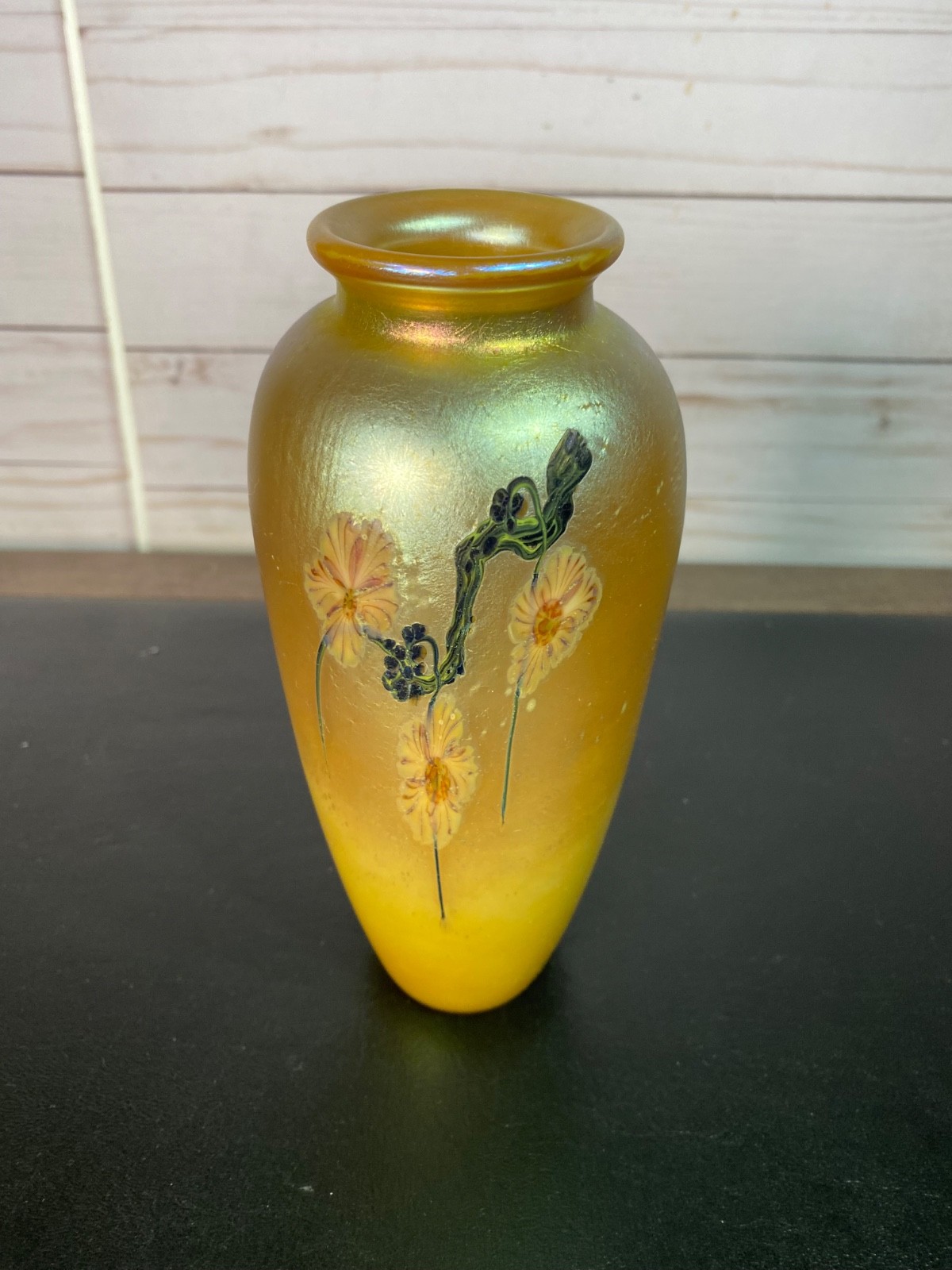 Lundberg Studios Signed Daniel Salazar Iridescent Gold Flower Vase 2005