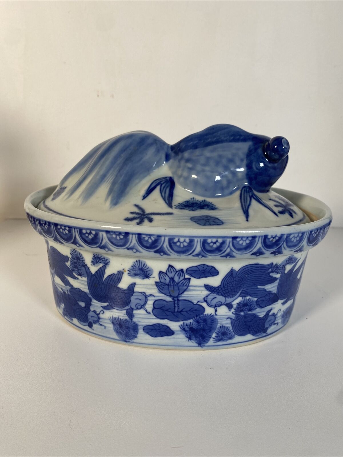 Vintage Blue & White Koi Covered Dish Chinese 9.5” X 7” Casserole Dish With Lid