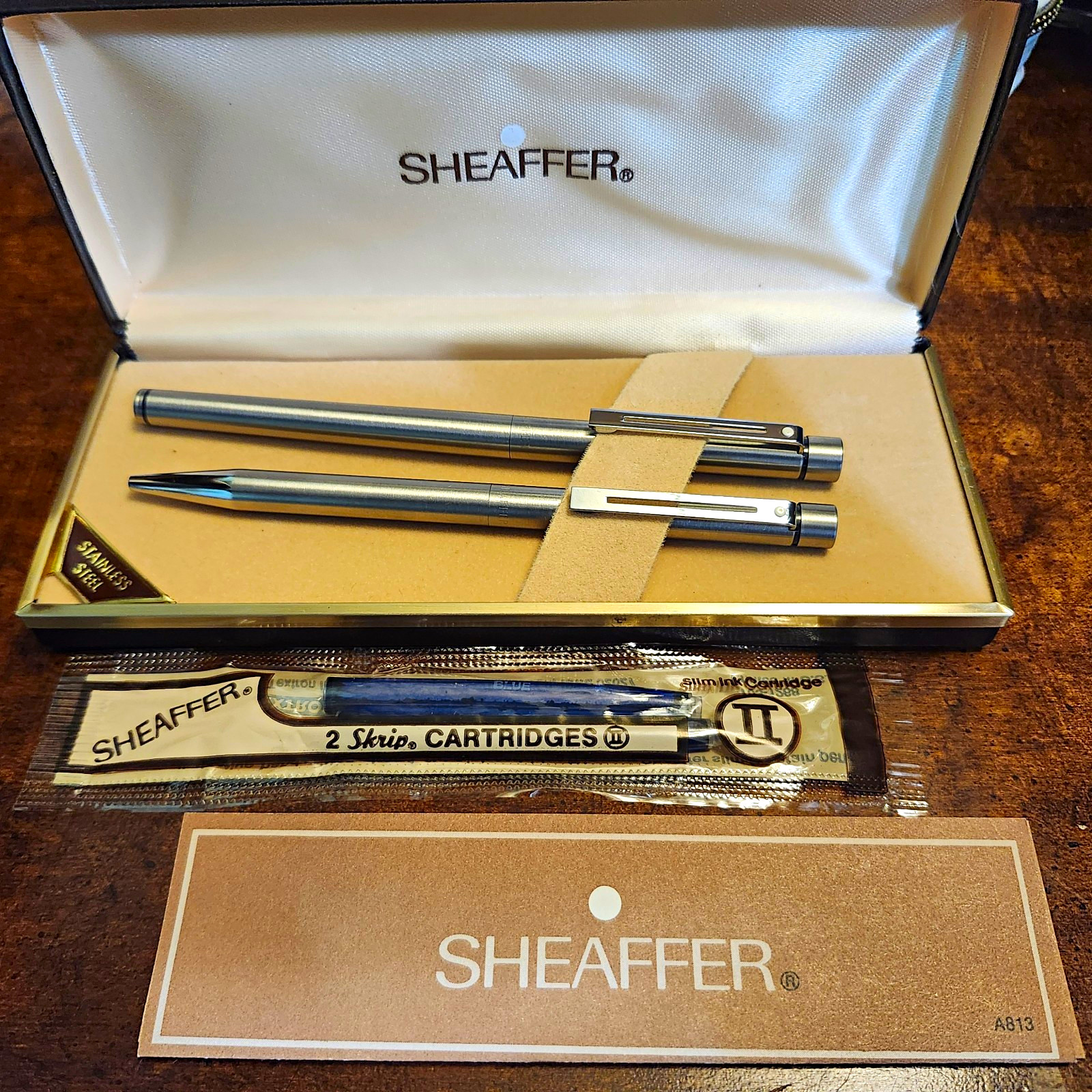 NOS Vintage Sheaffer Targa 1001S Slim Pen & Pencil Set Brushed Steel Medium Stic
