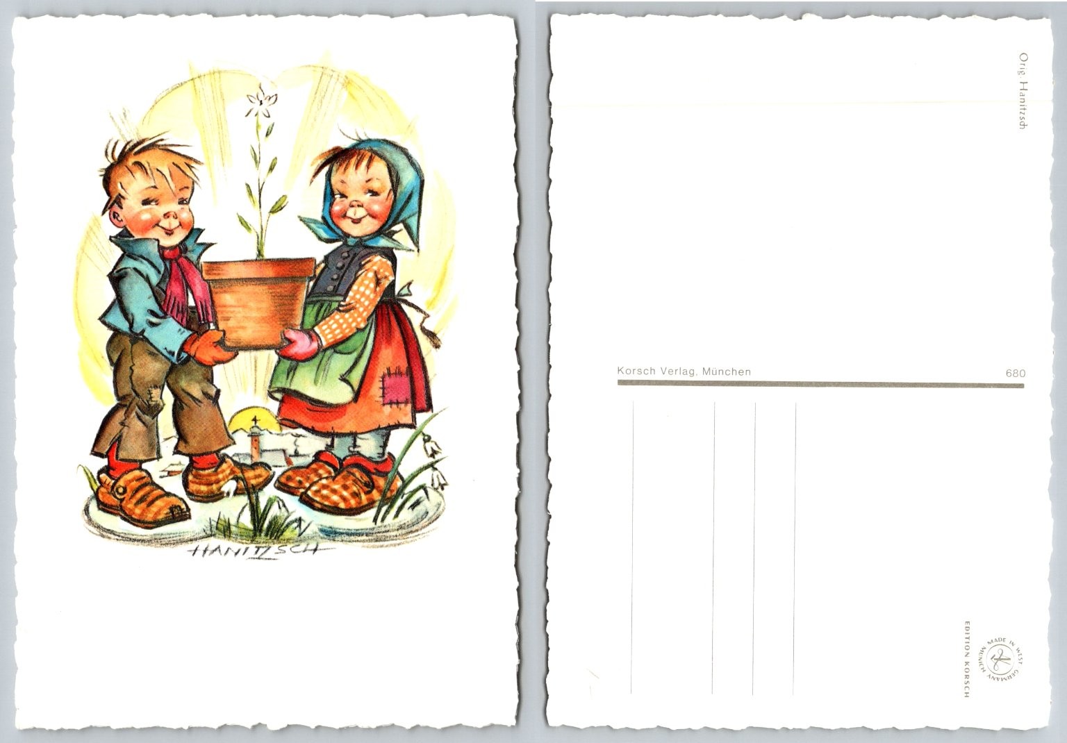 Vintage Korsch Verlag Hanitsch Art Postcard Children with Potted Flower West