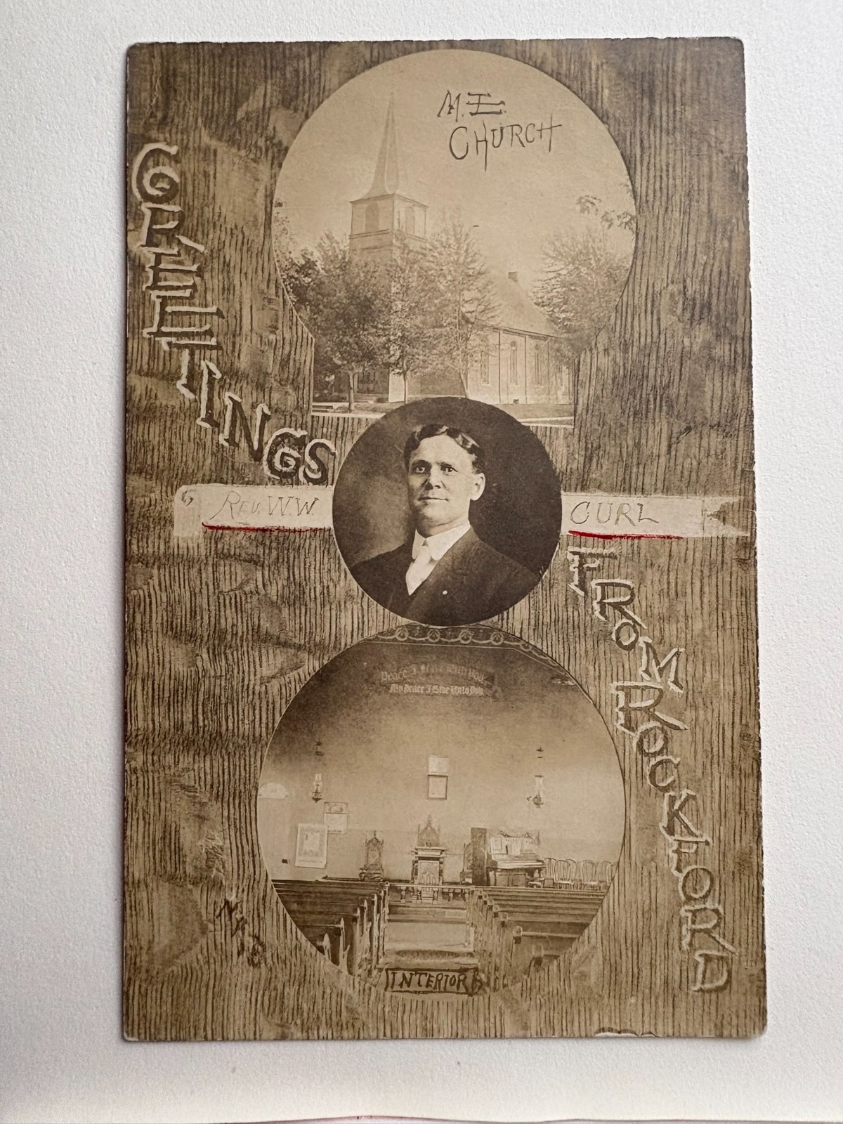 Antique RRPC Rockford Ohio ME Church Interior & Rev W.W. Curl Photo Postcard