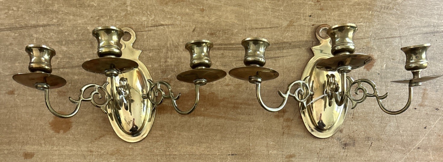 Pair of EB Baldwin Solid Brass Triple Arm Wall Sconce Candle Holders Vintage