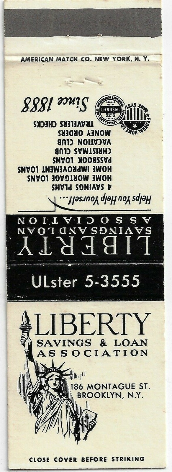 Liberty Savings & Loan Brooklyn NY UL 5-3555 Empty Matchcover