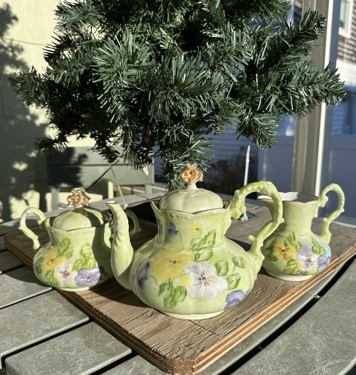 VTG Hand Painted Teapot Creamer & Sugar Green Floral Unmarked Porcelain Signed