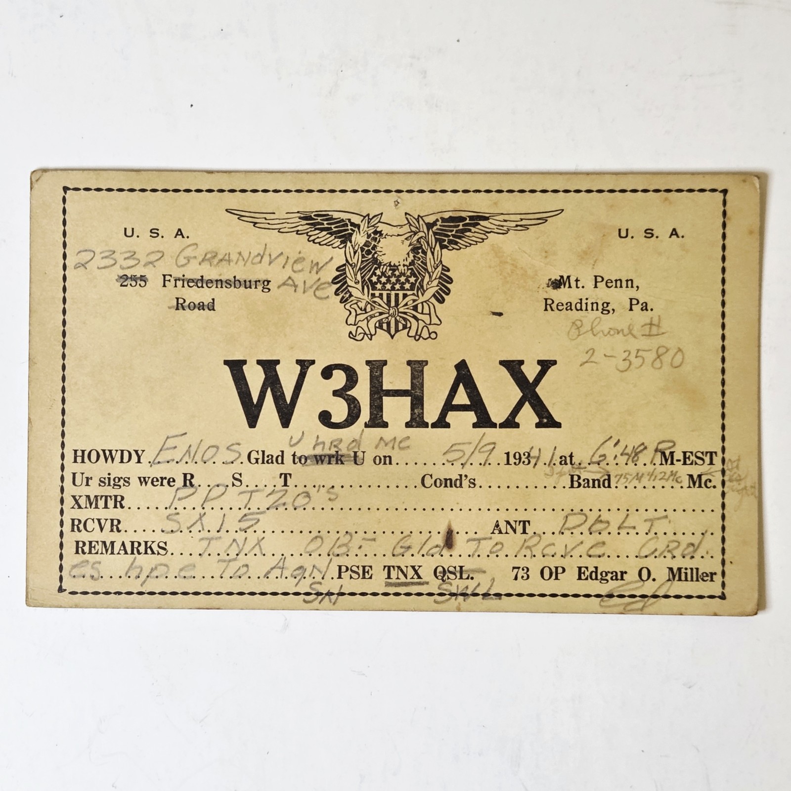 Vintage 1941 Pre WWII Reading PA Dx QSL Card Eagle US Defense 1c Stamp Postcard