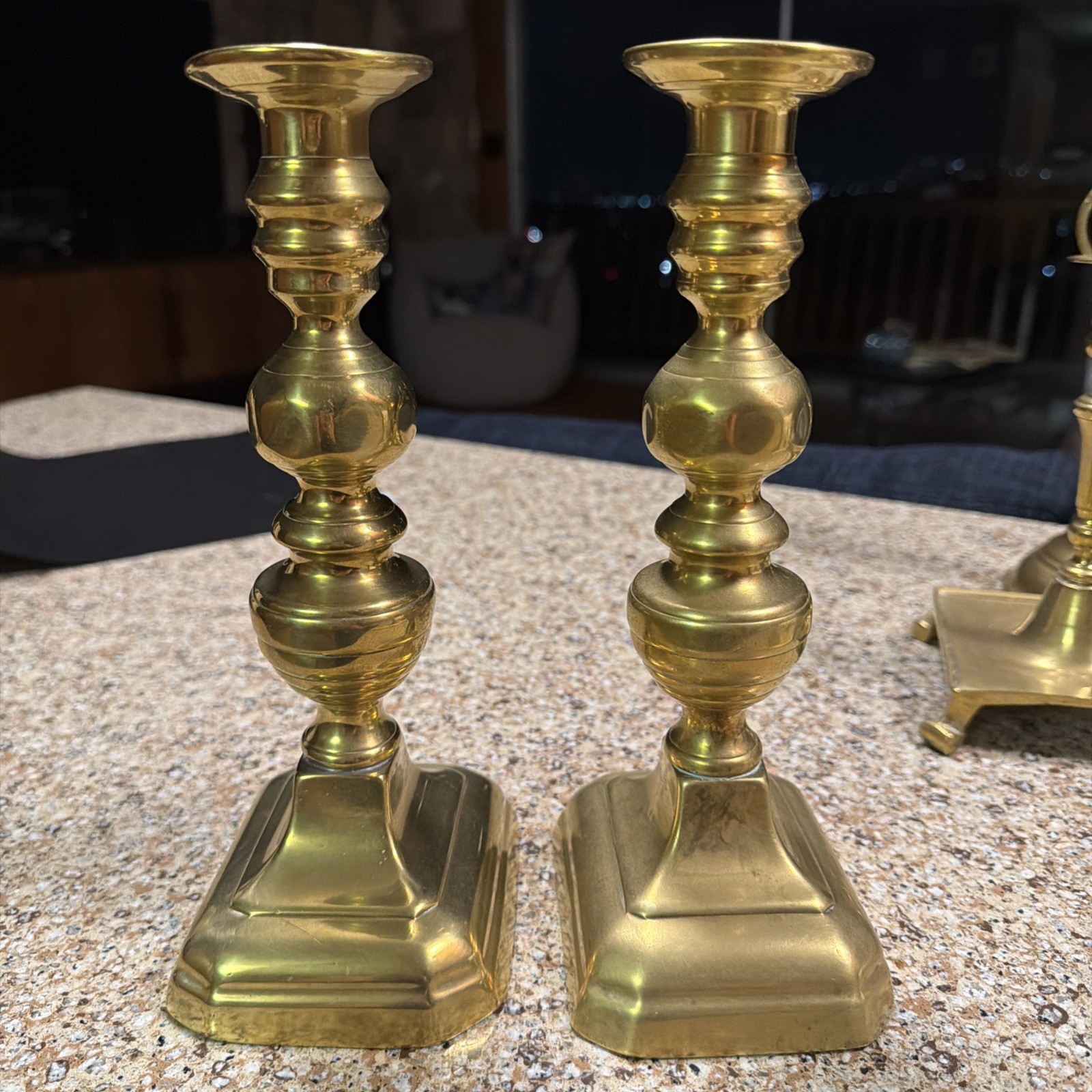 Antique Mid 19th Century Diamond Faceted Brass Beehive Candlesticks  England