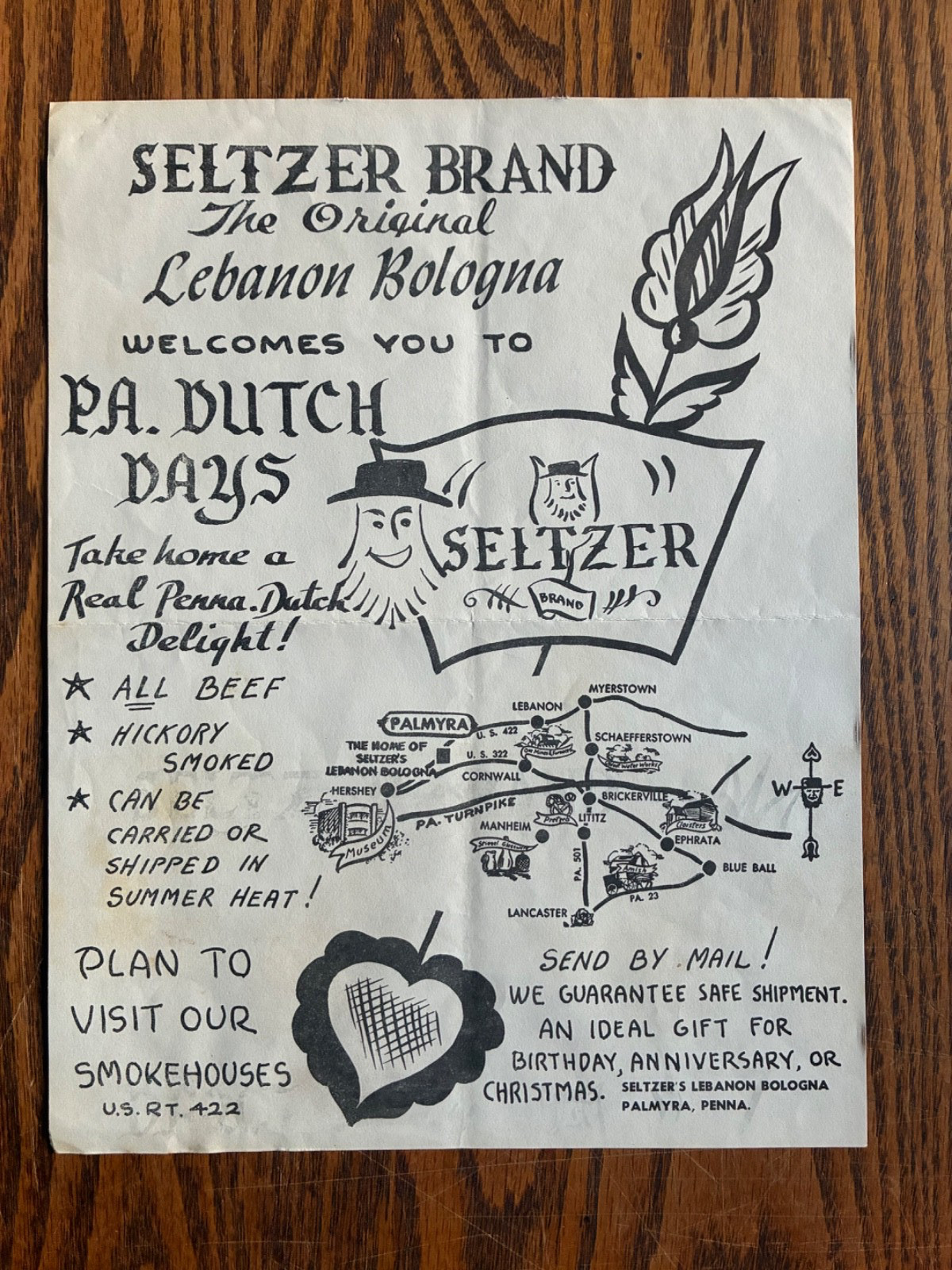 Vintage Seltzer’s Lebanon Bologna PA Dutch Days Advertising Flyer w/ Map 1960s