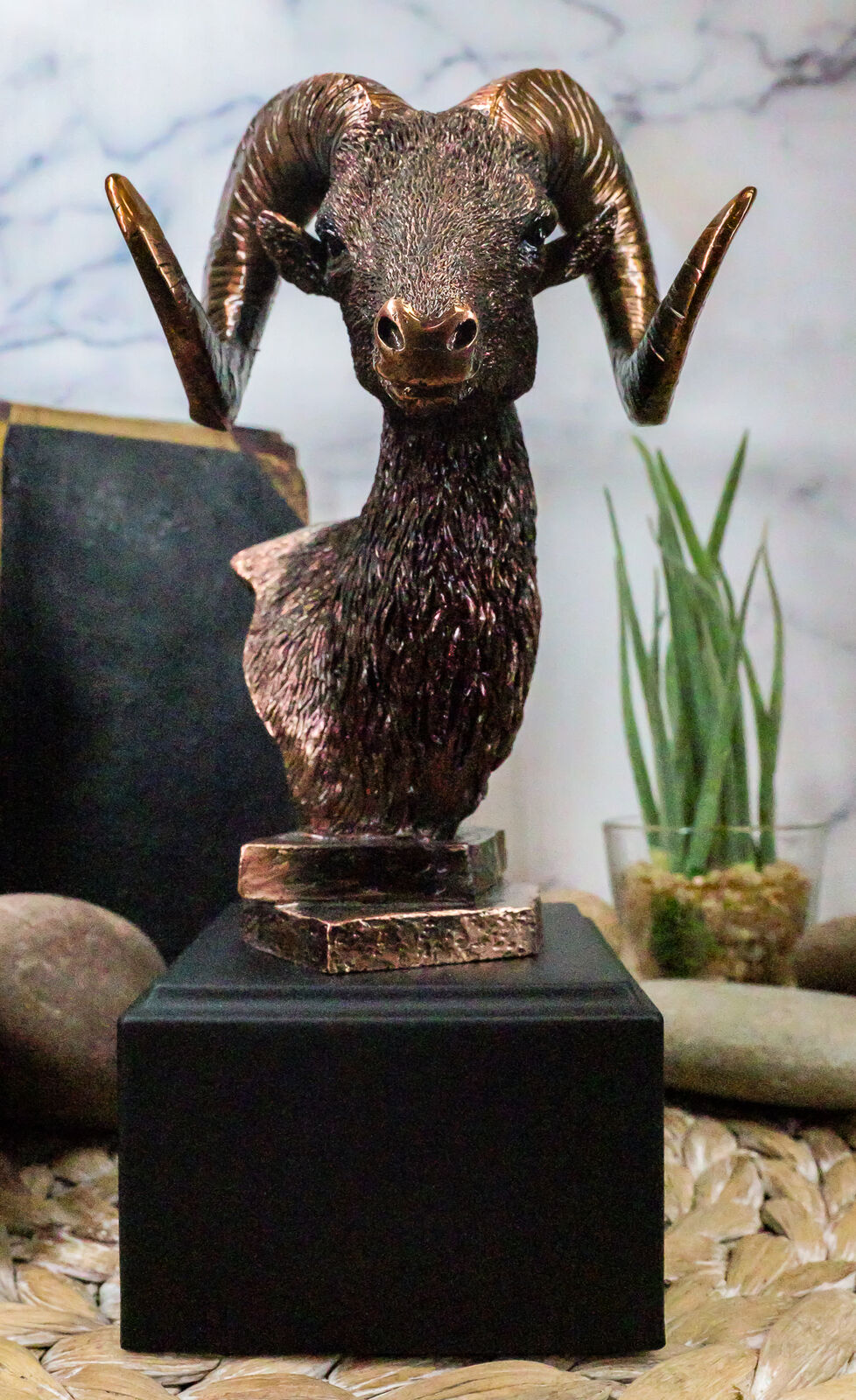 Rustic Country Wildlife Bighorn Sheep Ram Bust Sculpture with Trophy Base 8\