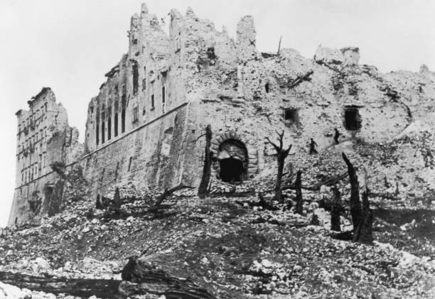 The ruins of Abbey of Monte Cassino in Cassino Italy during World - Old Photo