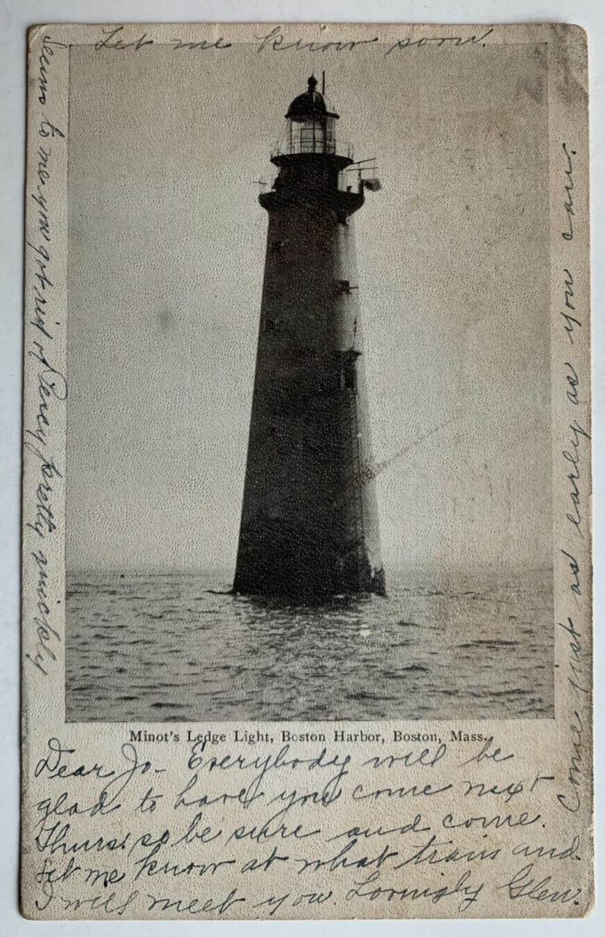1905 MA Postcard Boston Harbor Massachusetts Minot\'s Ledge Light lighthouse