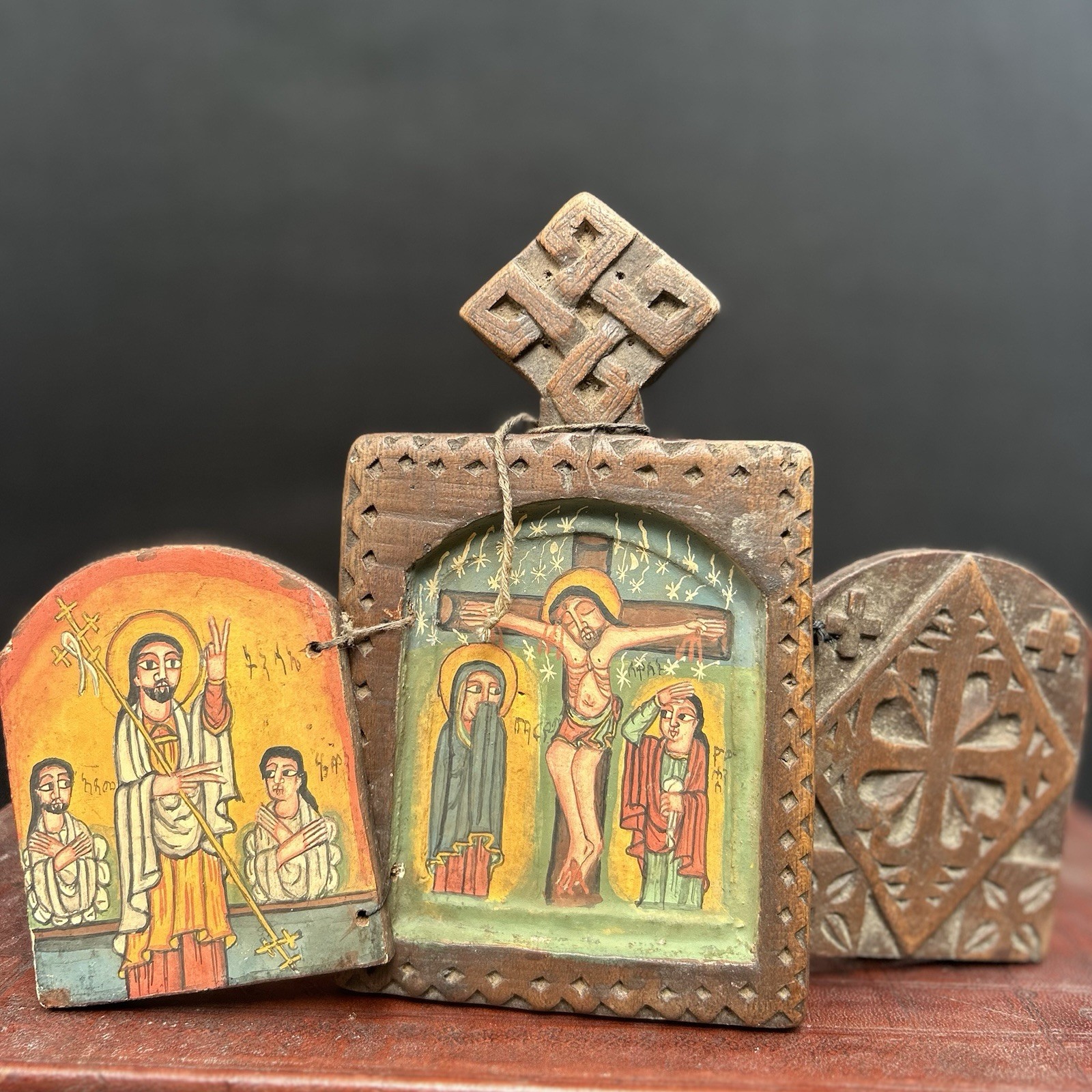 Vintage Ethiopian Orthodox Folding Wood Icon Crucifixion Mary Child St George Vintage Ethiopian Orthodox Folding Wood Icon Crucifixion Mary Child St George