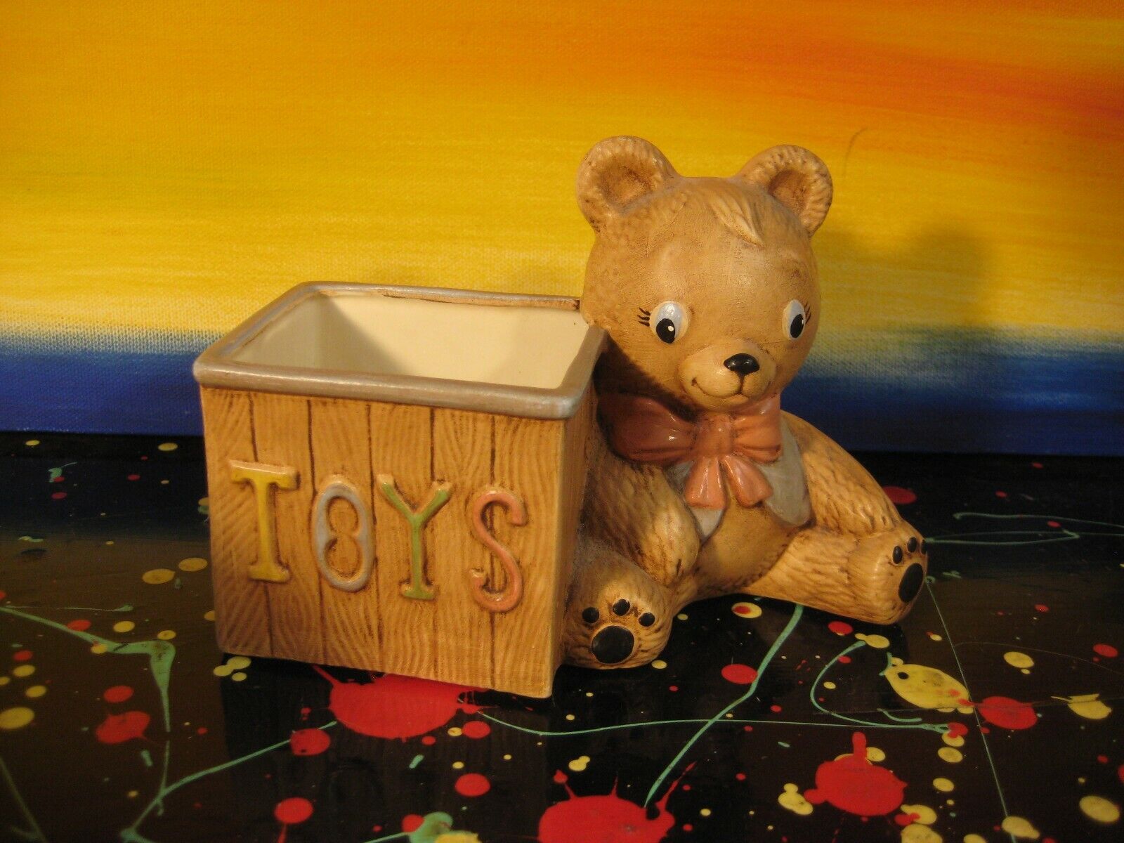 Ceramic Teddy Bear with Toybox Figurine Mini Planter Vase