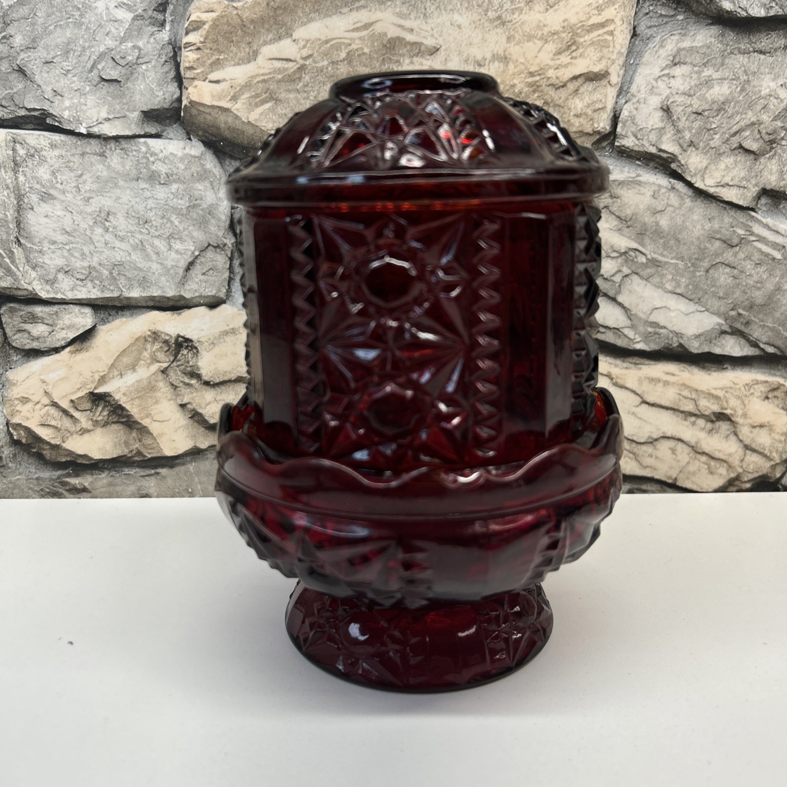 Vintage Indiana Glass Ruby Red Stars and Bars Fairy Lamp 2 Piece Candle Holder
