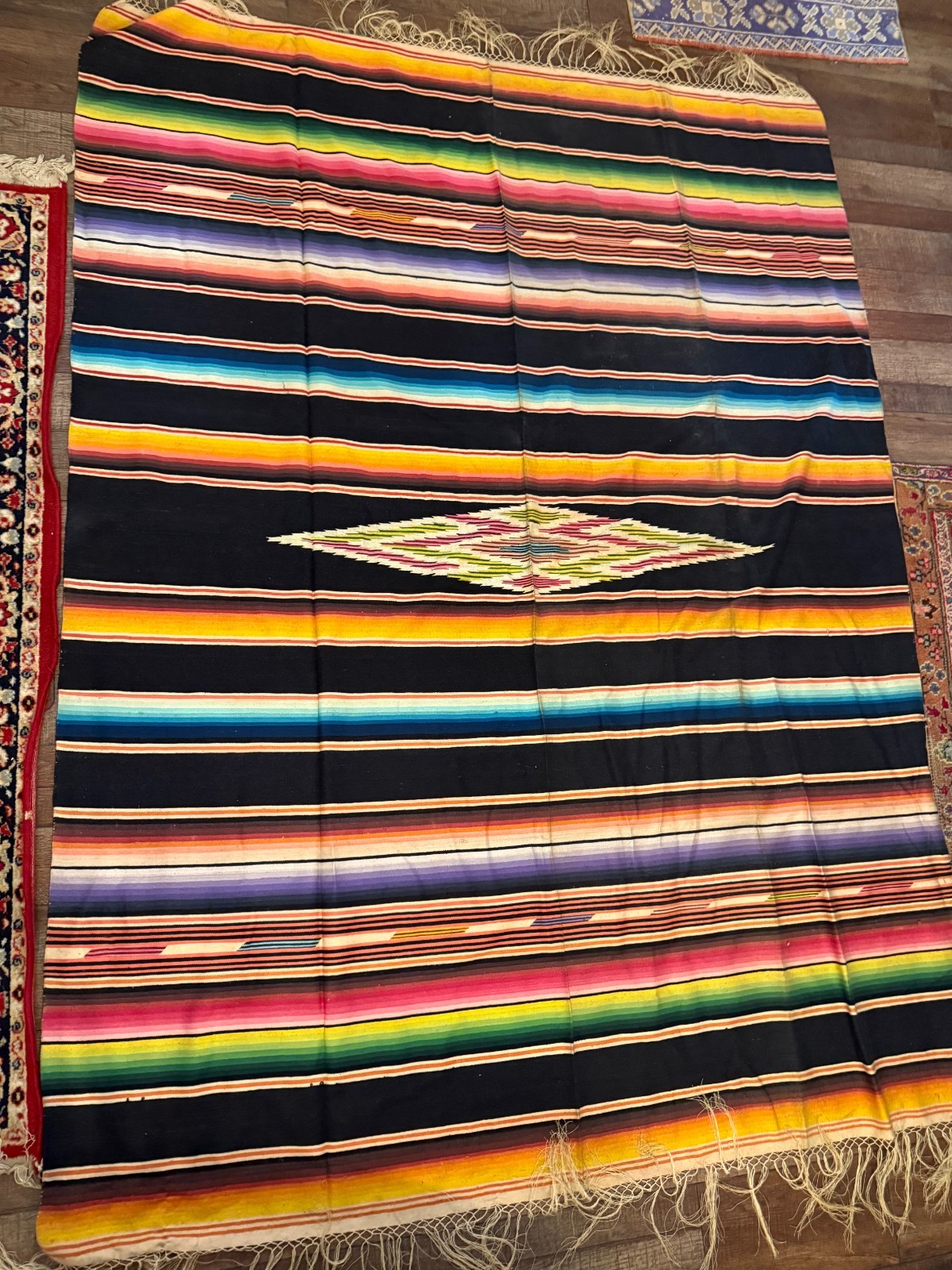 Vintage Mexican Stripe Serape Blanket Saltillo Style Woven Throw Fringe 89”x66”