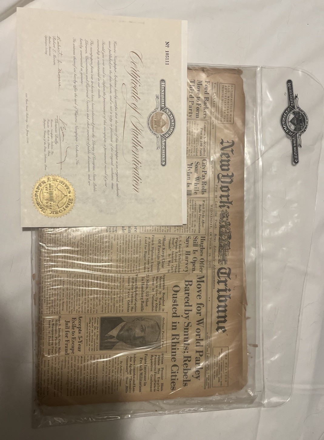 Original 1923 New-York Tribune Roosevelt COA Historic Newspaper Archives October