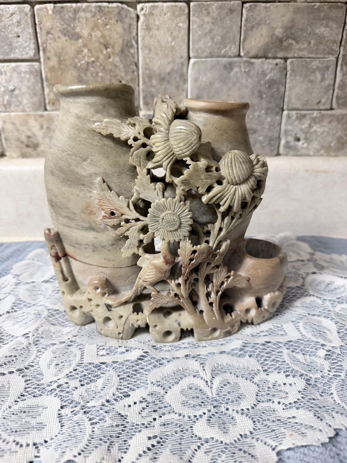 Vintage Carved SoapStone Double Table Vase Bird Floral Carvings Asian 7 x 6.5