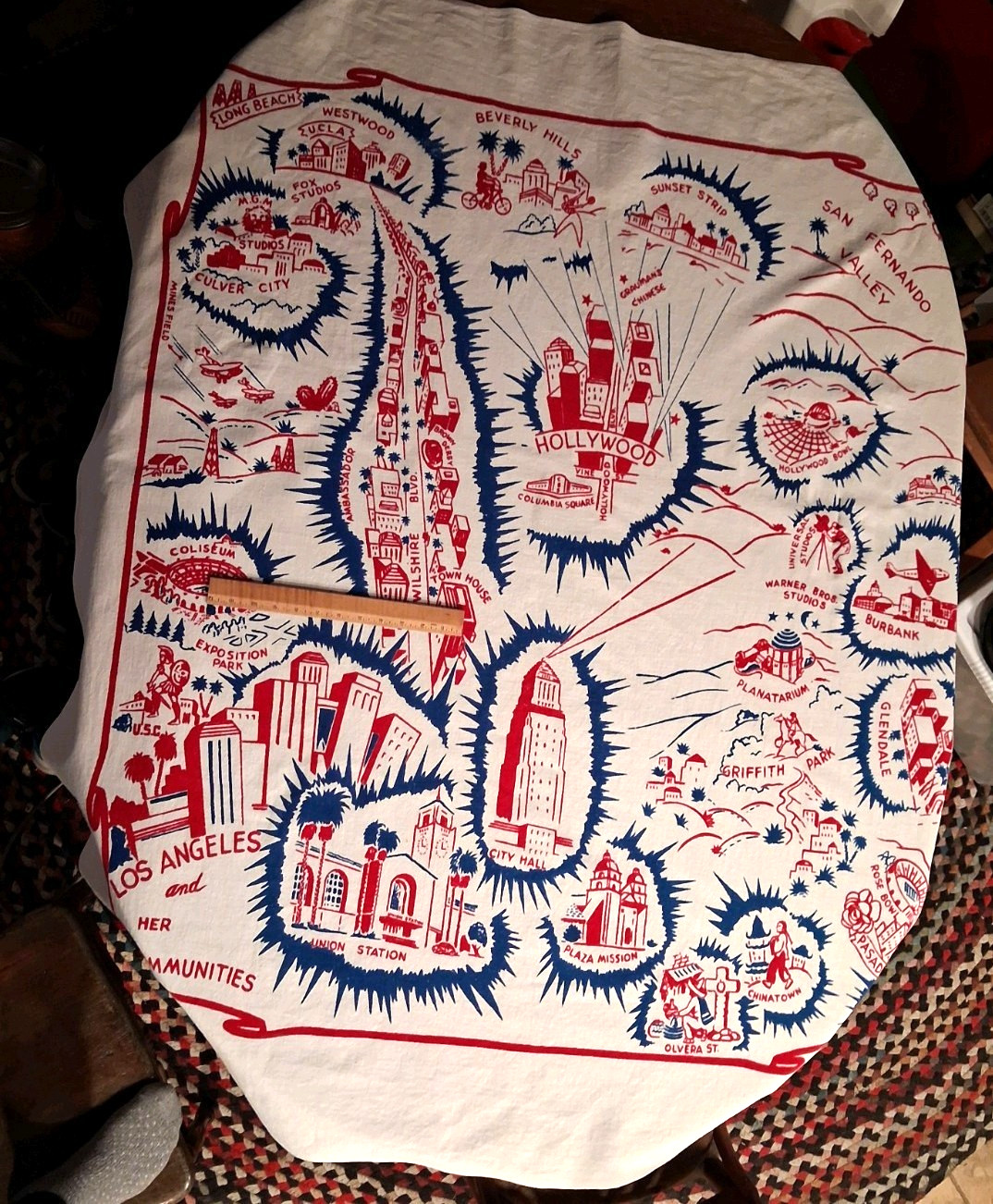Vintage 1940's Art Deco Souvenir Tablecloth Los Angeles Hollywood Handprint MCM
