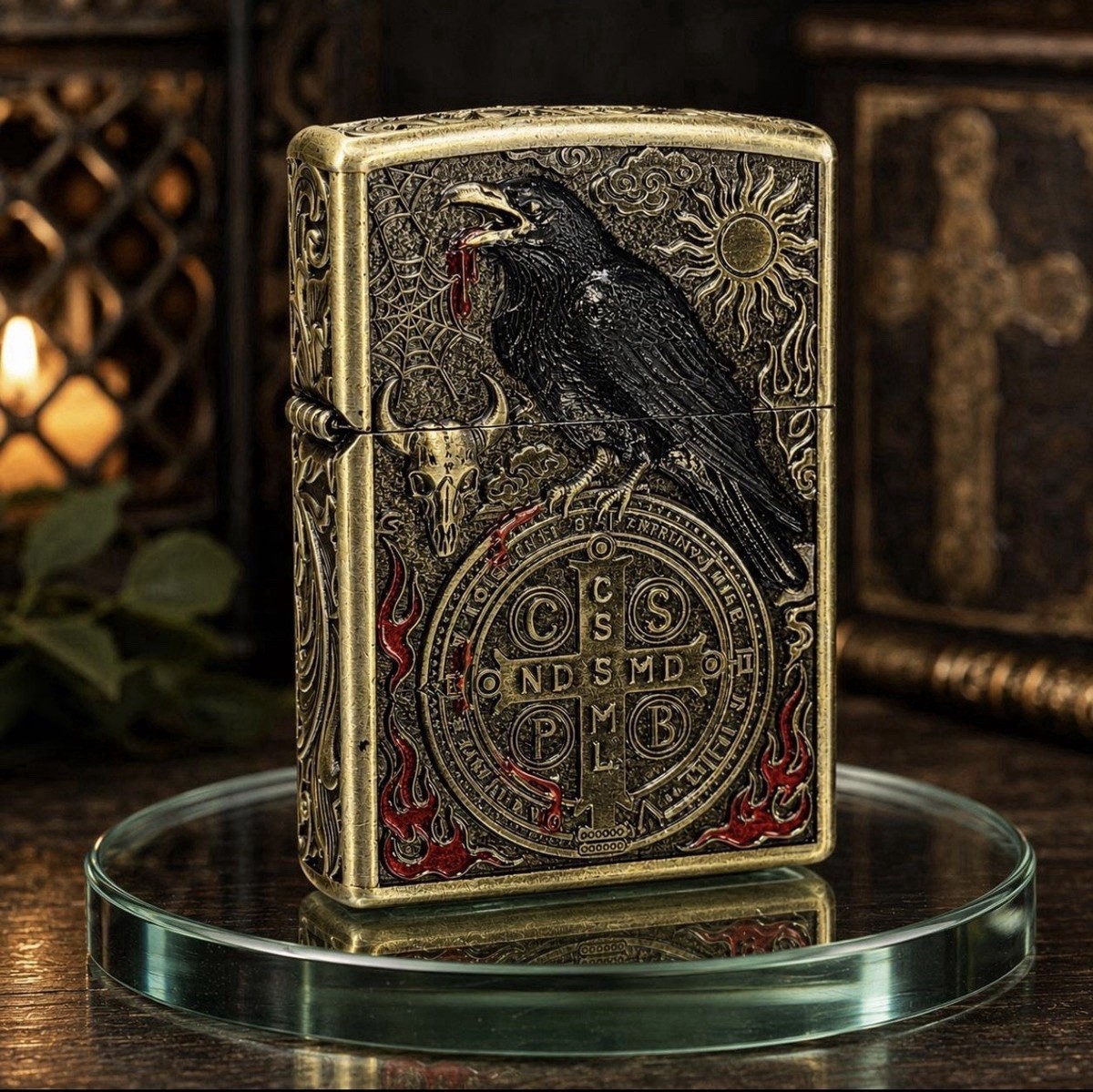 Antique Brass Raven & St. Benedict Coin Armor Lighter – Gift Box Included