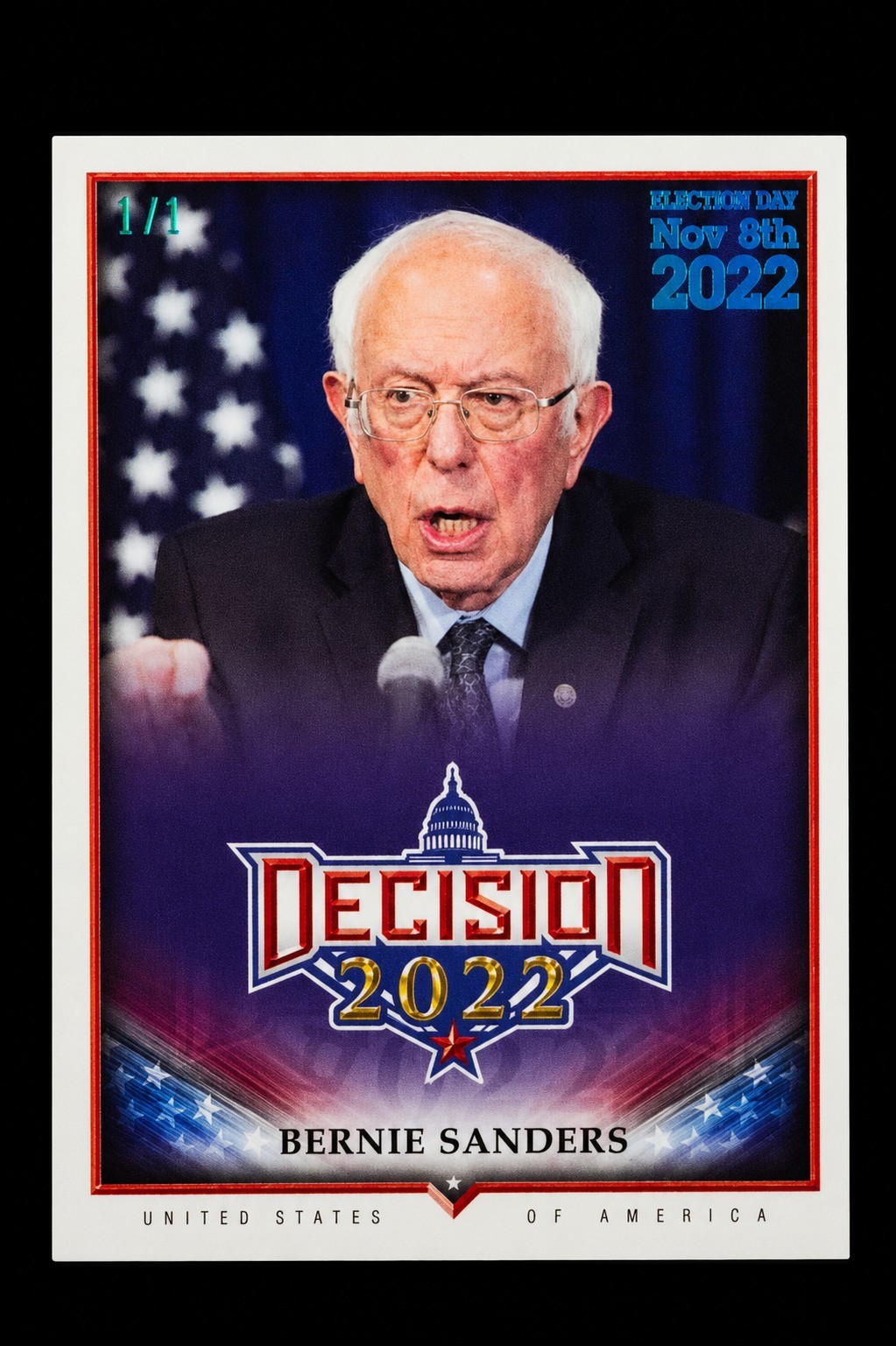 Bernie Sanders Decision 2022 #24 RARE 1/1 ICE BLUE FOIL ELECTION DAY PARALLEL