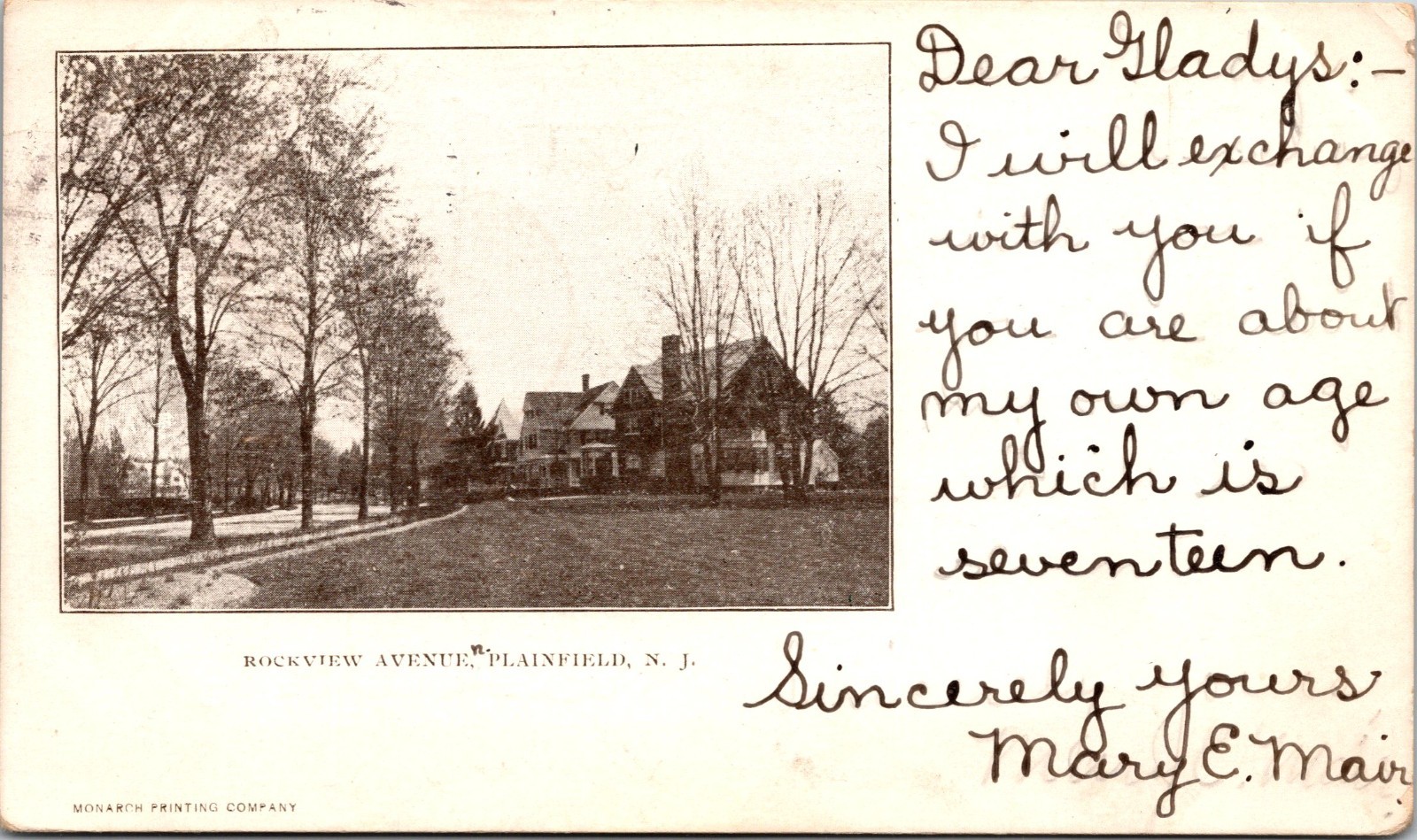 Rockview Avenue, Plainfield New Jersey Undivided Back Postcard