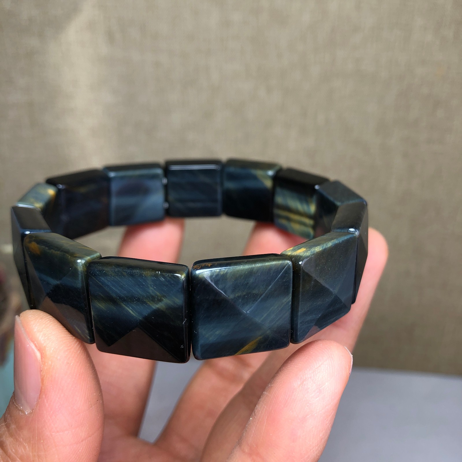 Rare Natural blue yellow tiger eye Crystal chain aspect beads bracelet 49g A3105