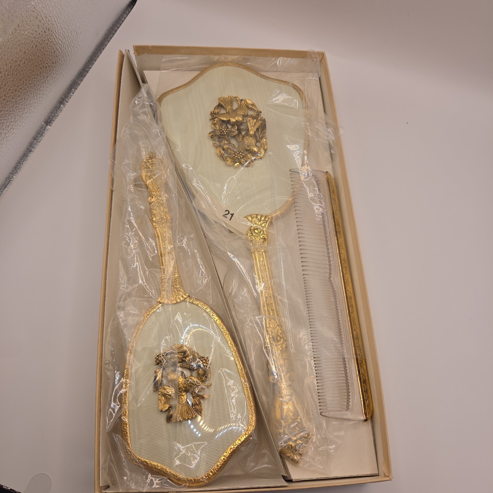 Vintage 3 Piece Vanity Set In Original Box Mirror Brush Comb 24k Plated Gold