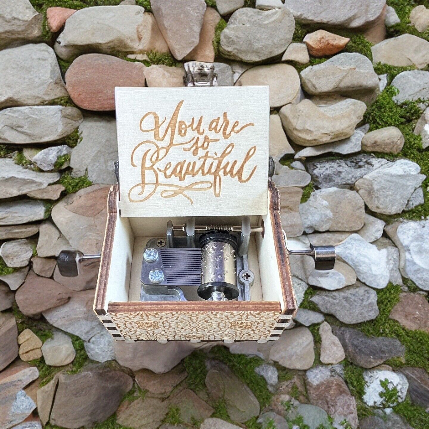 NEW “YOU ARE SO BEAUTIFUL” Handmade Hand Crank Wood Music Box