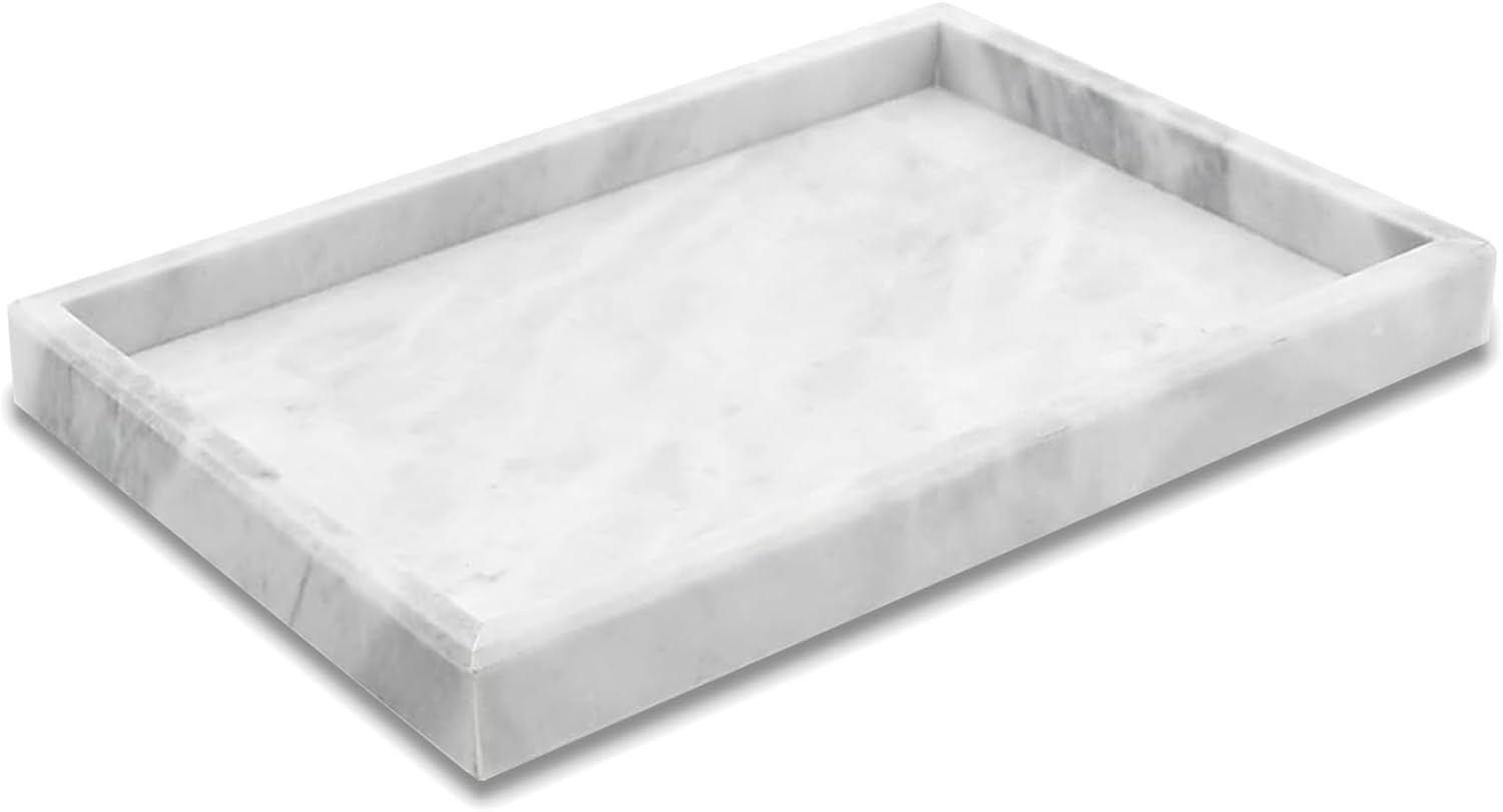 White Marble Vanity Bathroom Tray for Jewelry, Candles, Perfume 12x8 Inch