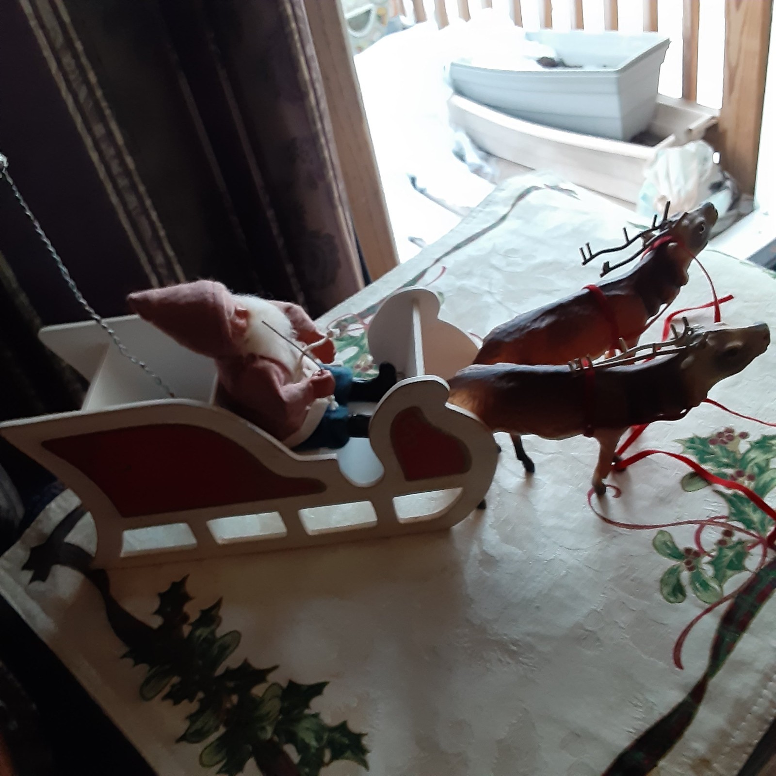 VINTAG GERMAN- LIKE SANTA & SLEIGH, & REINDEER WITH GLASS-EYES Needs work