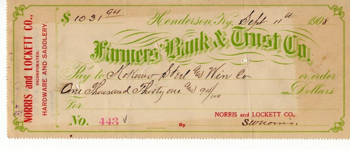 1908 Norris & Lockett Co. Hardware & Saddlery Check Farmers Bank & Trust Co.