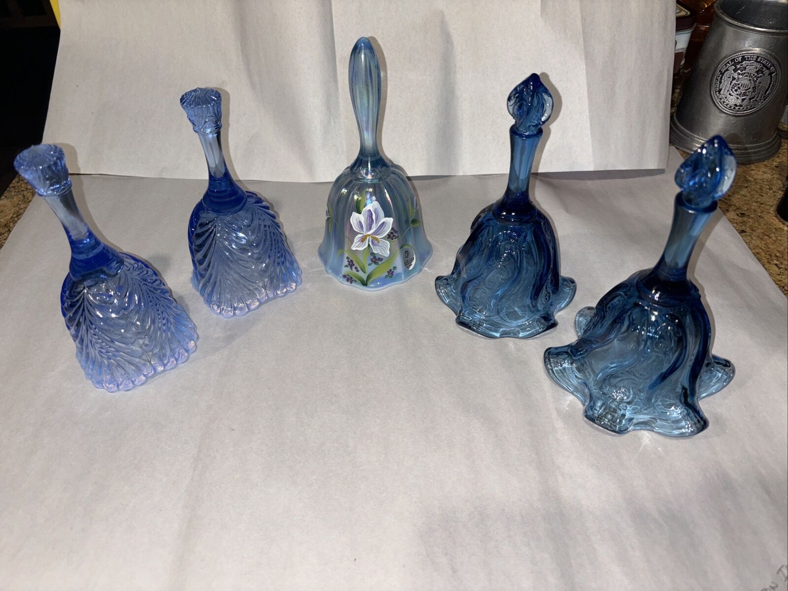 Lot Of (5)  Blue Vintage Fenton Bells 1 Iris, 2 Crimped, 2 Feather Design. B-118